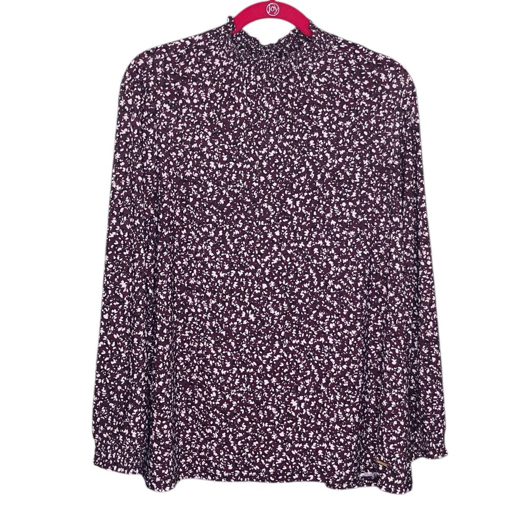 Anne Klein Size XL Wine Black Patterned Smocked Mock Neck Long Sleeve Blouse Top